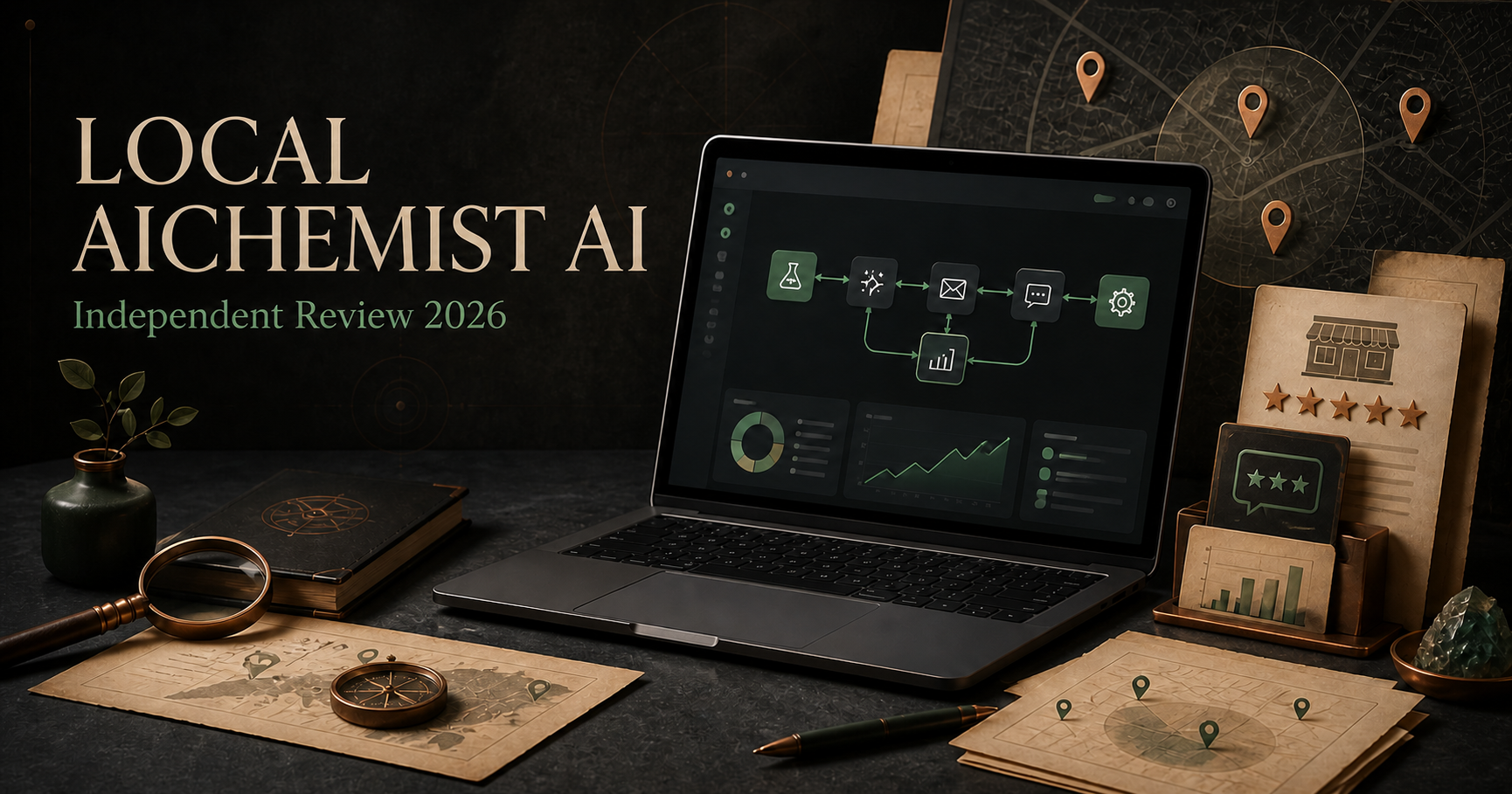 Editorial illustration of an automated local marketing dashboard